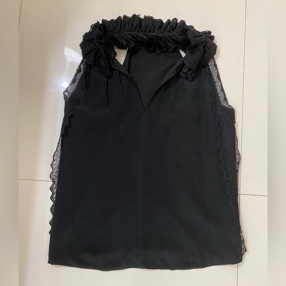 Solid silk black blouse with ruffle collar - Picture 2 of 4